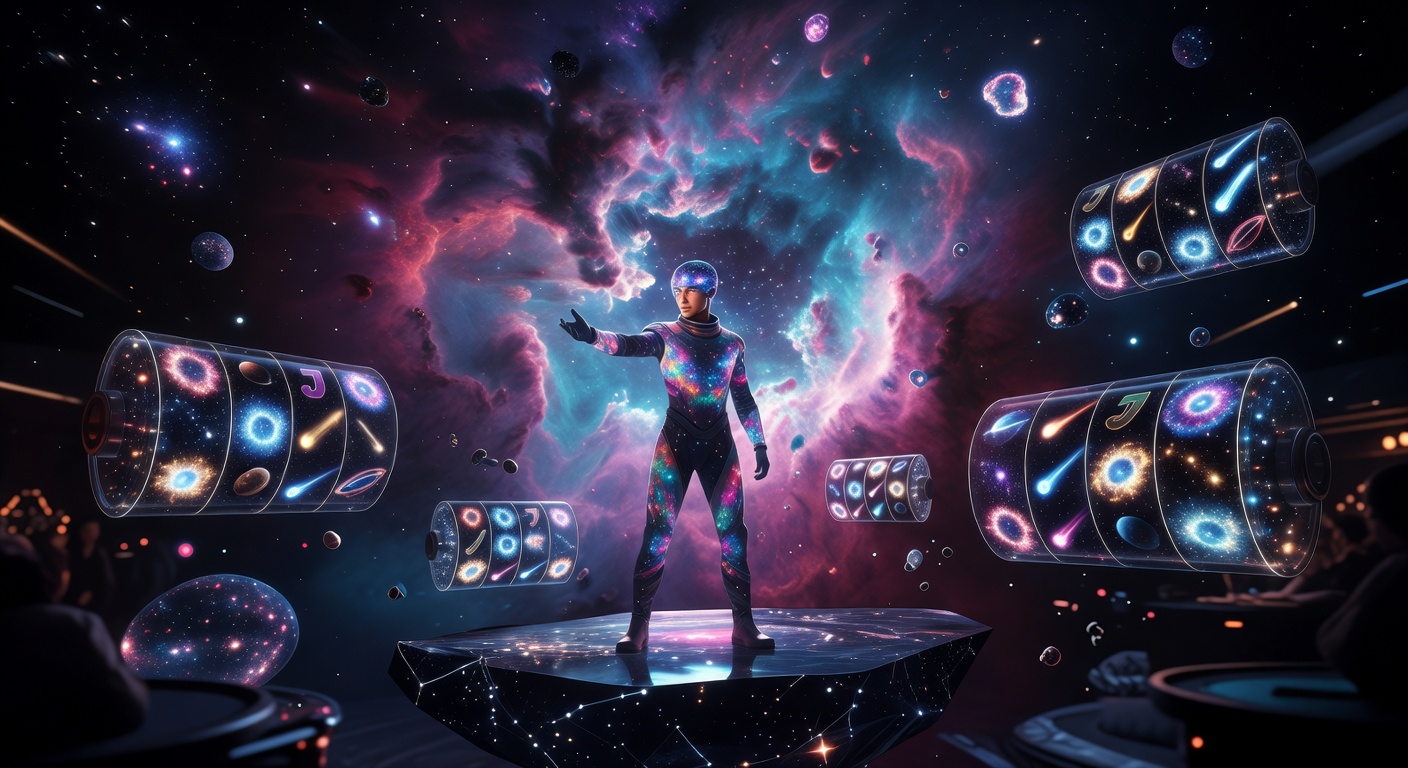 Cosmic nebula with glowing slot reels in a dark space-themed social casino atmosphere