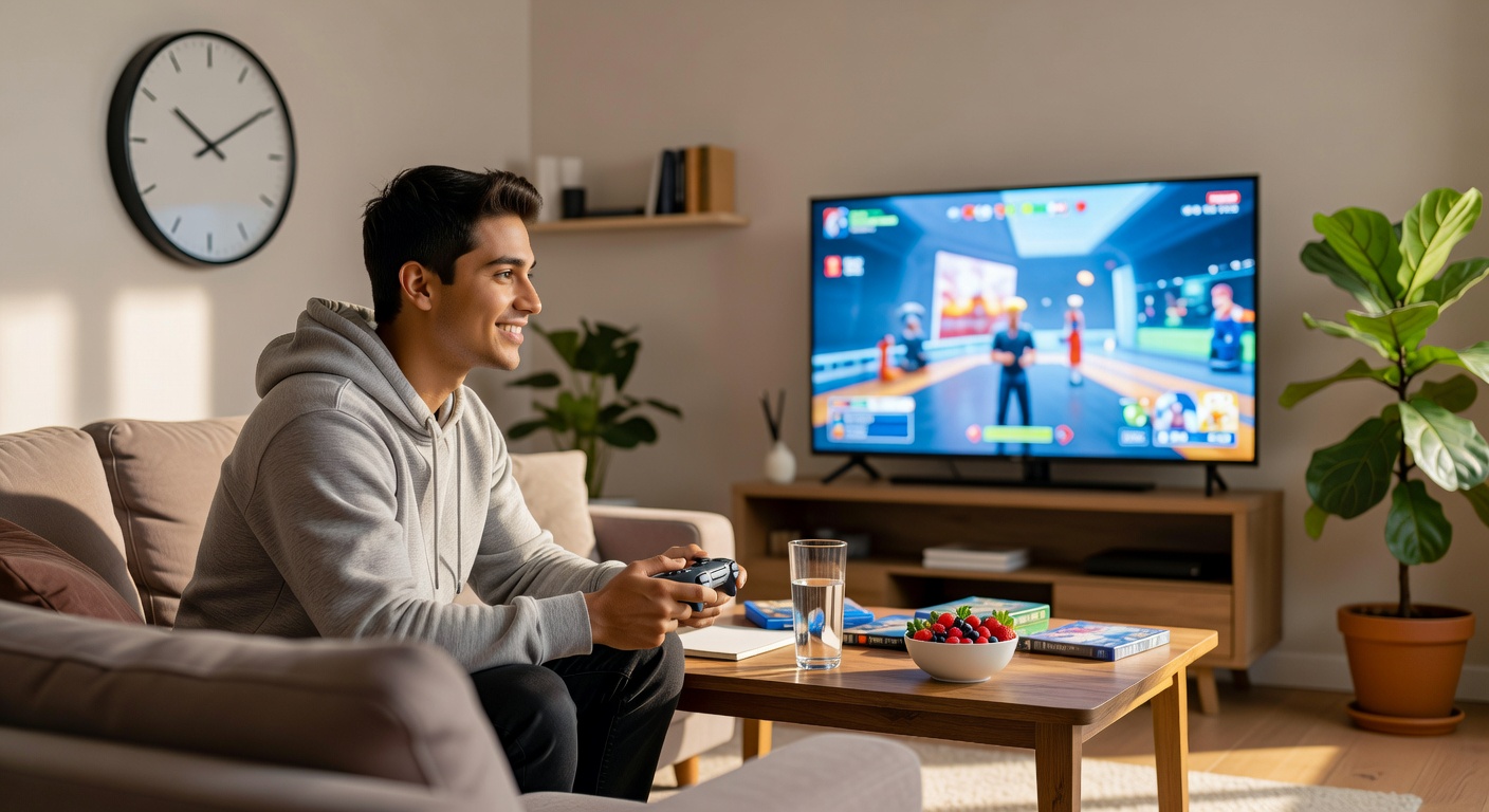 Person enjoying balanced social gaming session with breaks