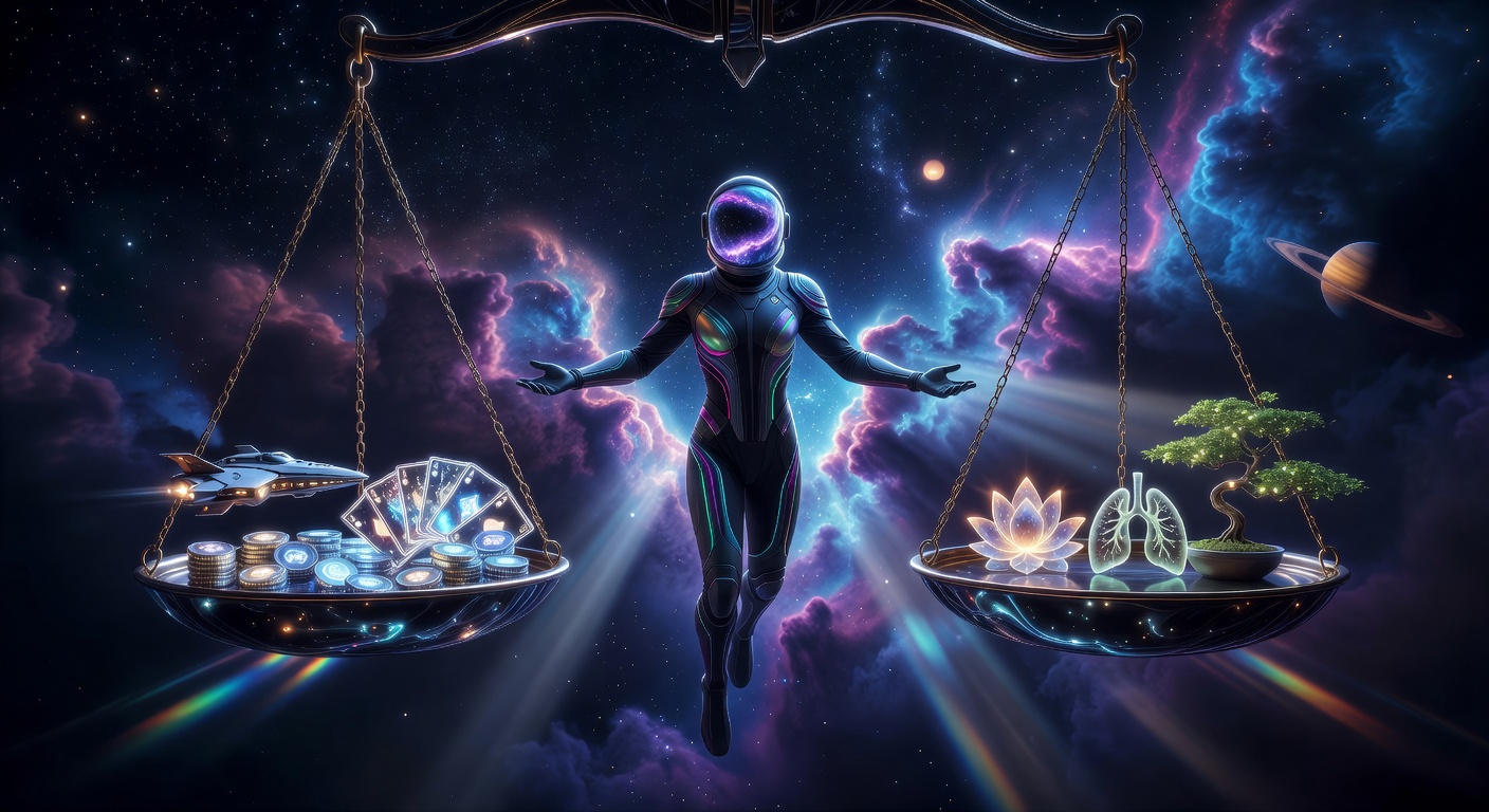 Balanced scales with gaming elements and wellness icons in space theme